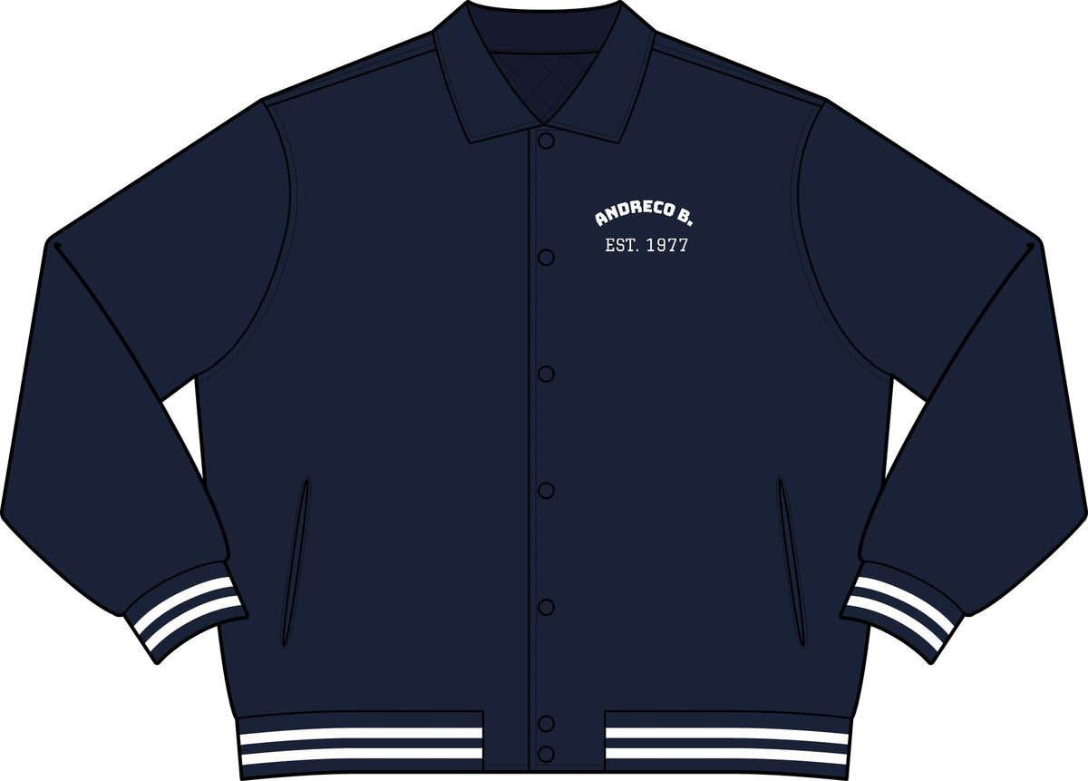 Andreco B. Embrace the Gray Varsity Jacket — Vintage Wolf Beard Graphic Collared Bomber