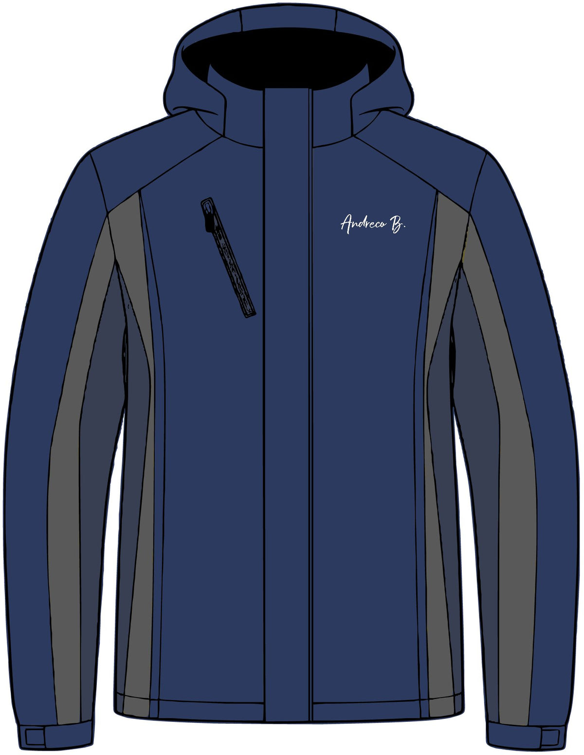 Andreco B. 3-in-1 Jacket — Navy Windbreaker with Hood & Back Circle Script Accent