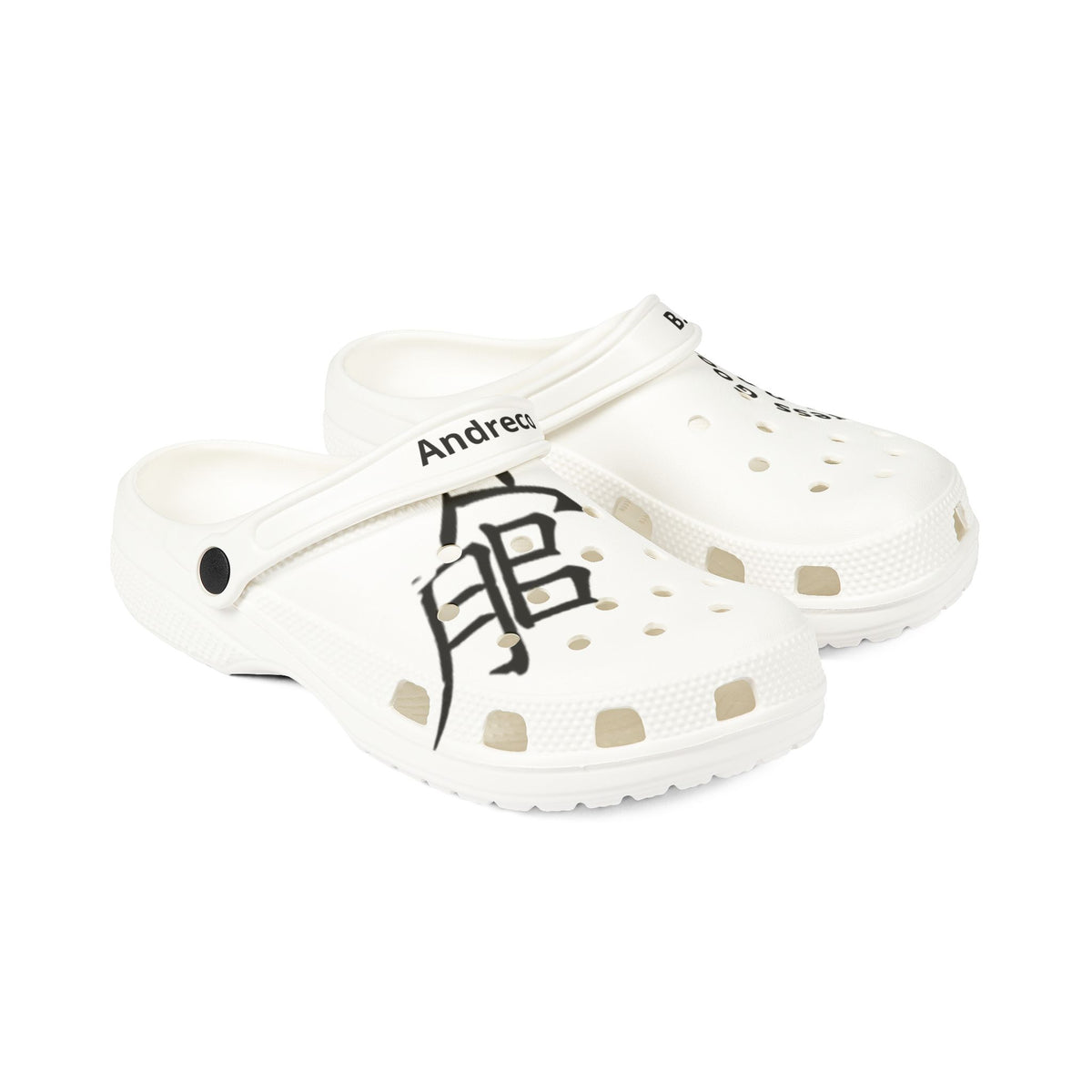 White EVA Foam Clogs with Black Asian Calligraphy Accent