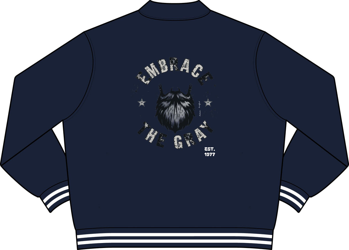 Andreco B. Embrace the Gray Varsity Jacket — Vintage Wolf Beard Graphic Collared Bomber