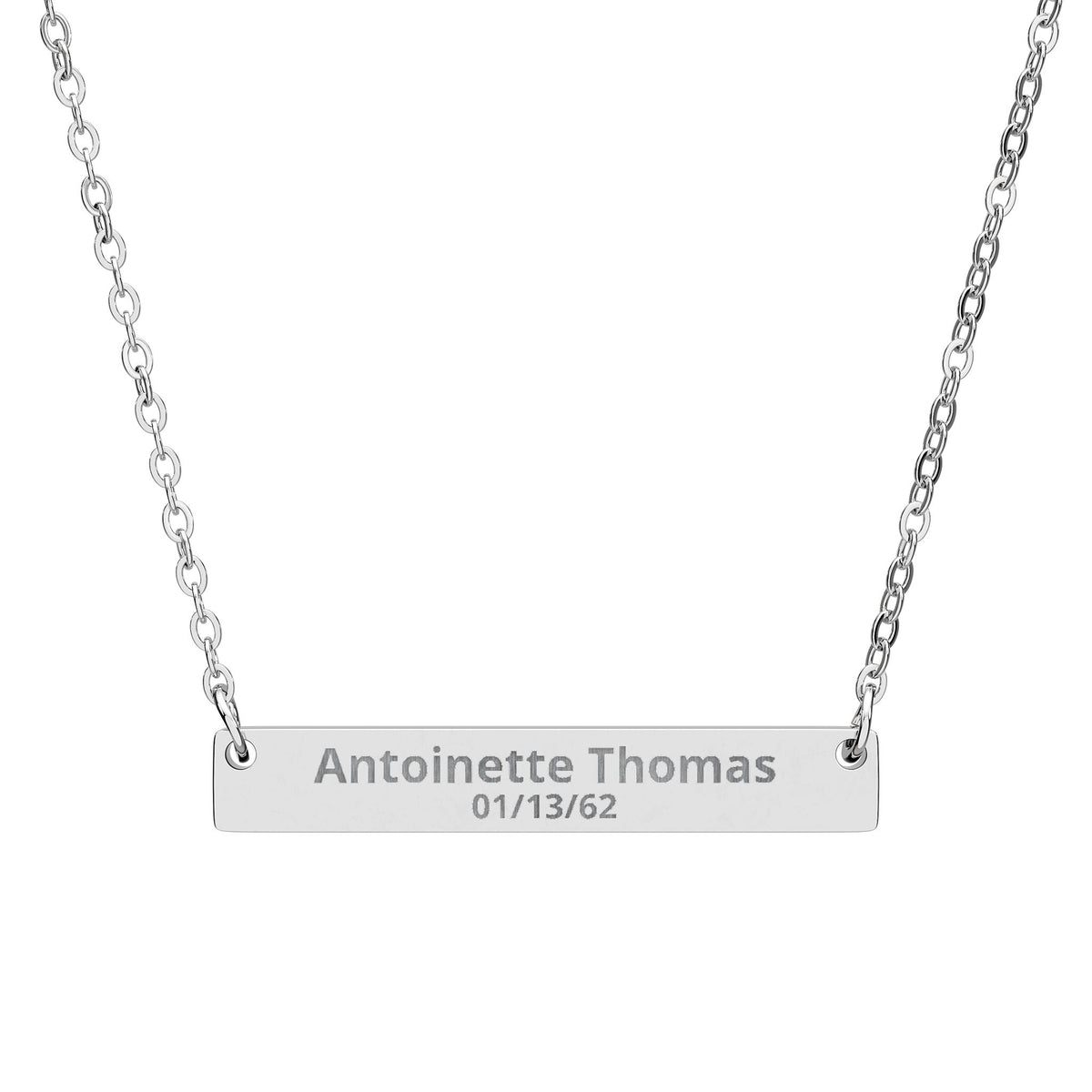 Andreco B. Engraved Horizontal Bar Necklace — Personalized Name & Date Pendant
